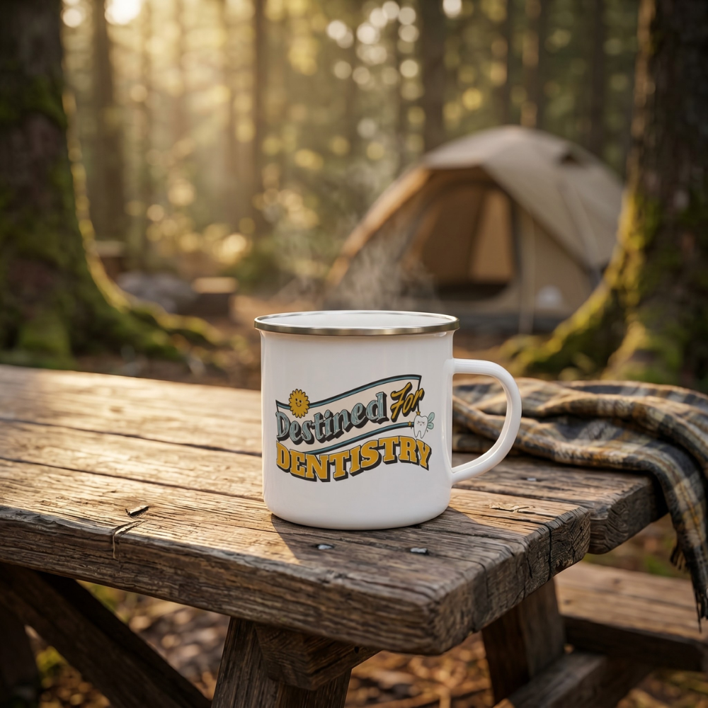 Camping scene with a mug on a wooden table, tent in the background, and sun filtering through trees.