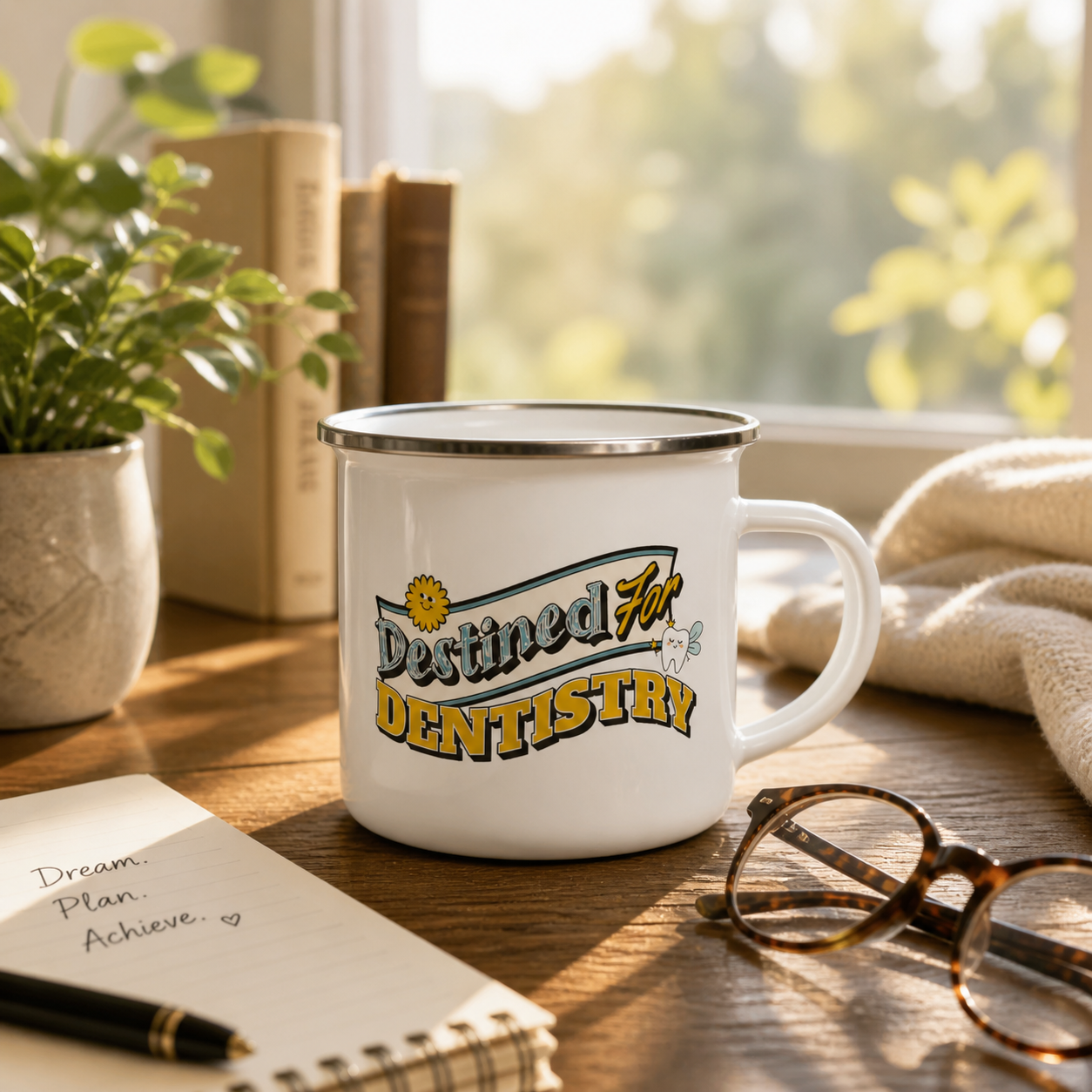 White mug with 'Destined for Dentistry' text on a wooden table with books, plant, and glasses.