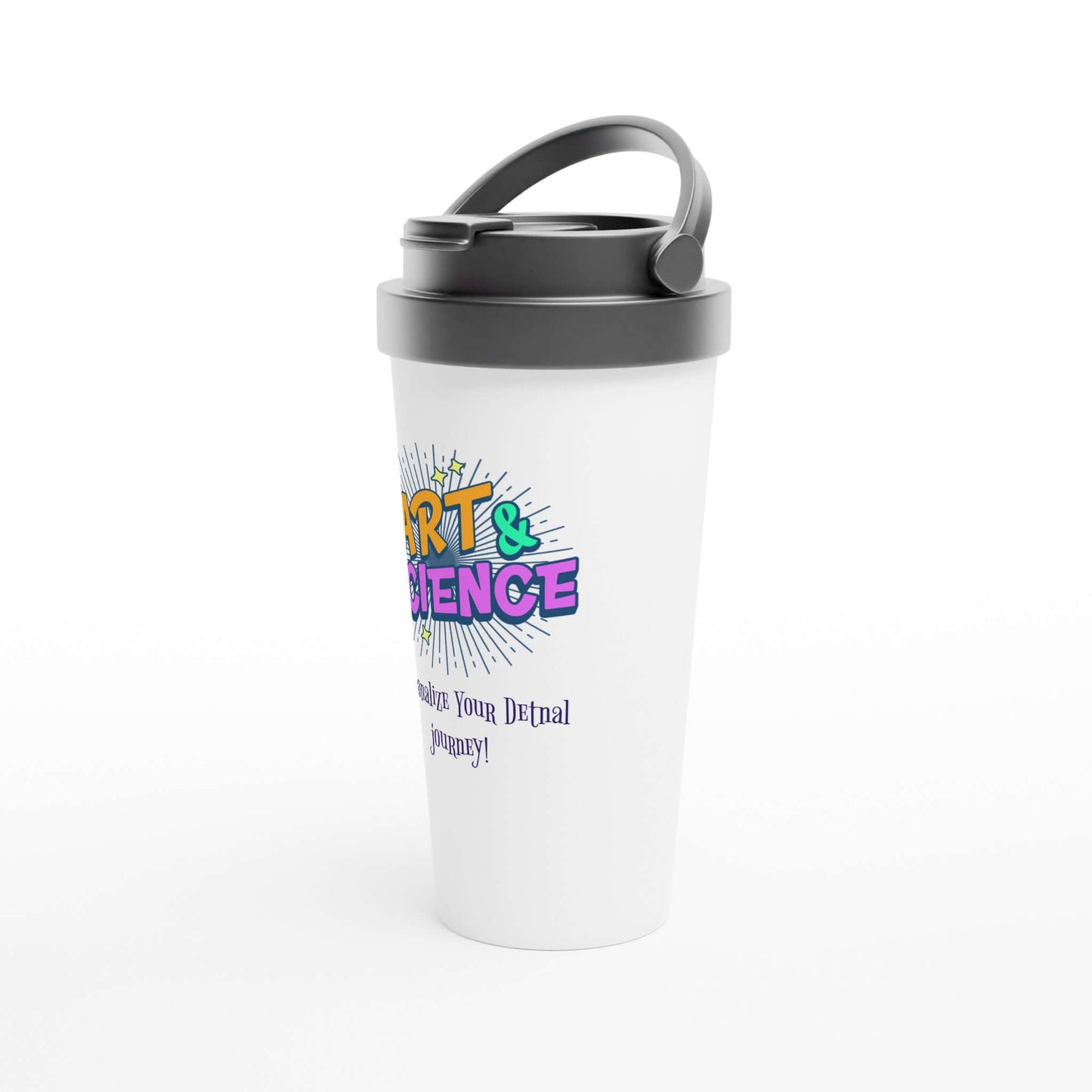 Art & Science Personalized 15oz Stainless Steel Travel Mug in white with colorful graphic and leak-proof lid.
