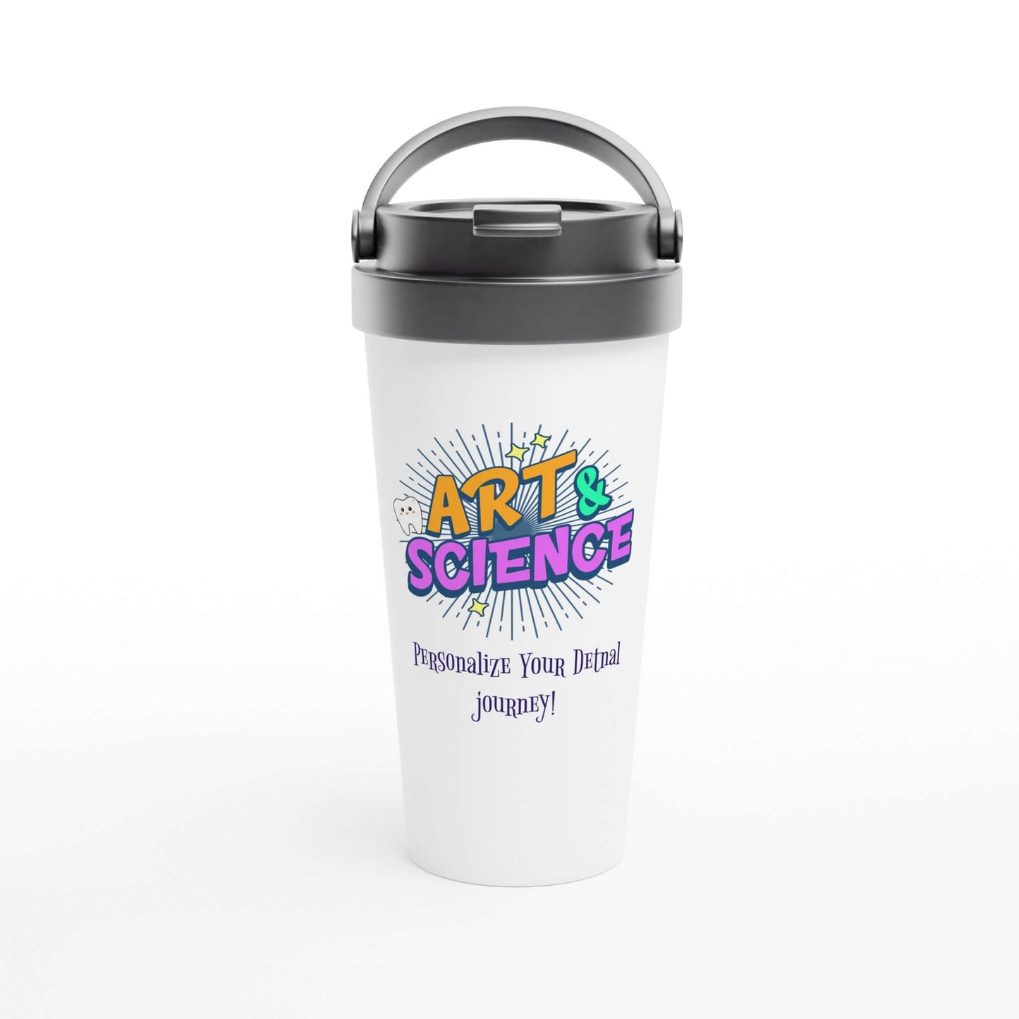Art & Science personalized 15oz stainless steel travel mug featuring colorful design and custom text for your drink.