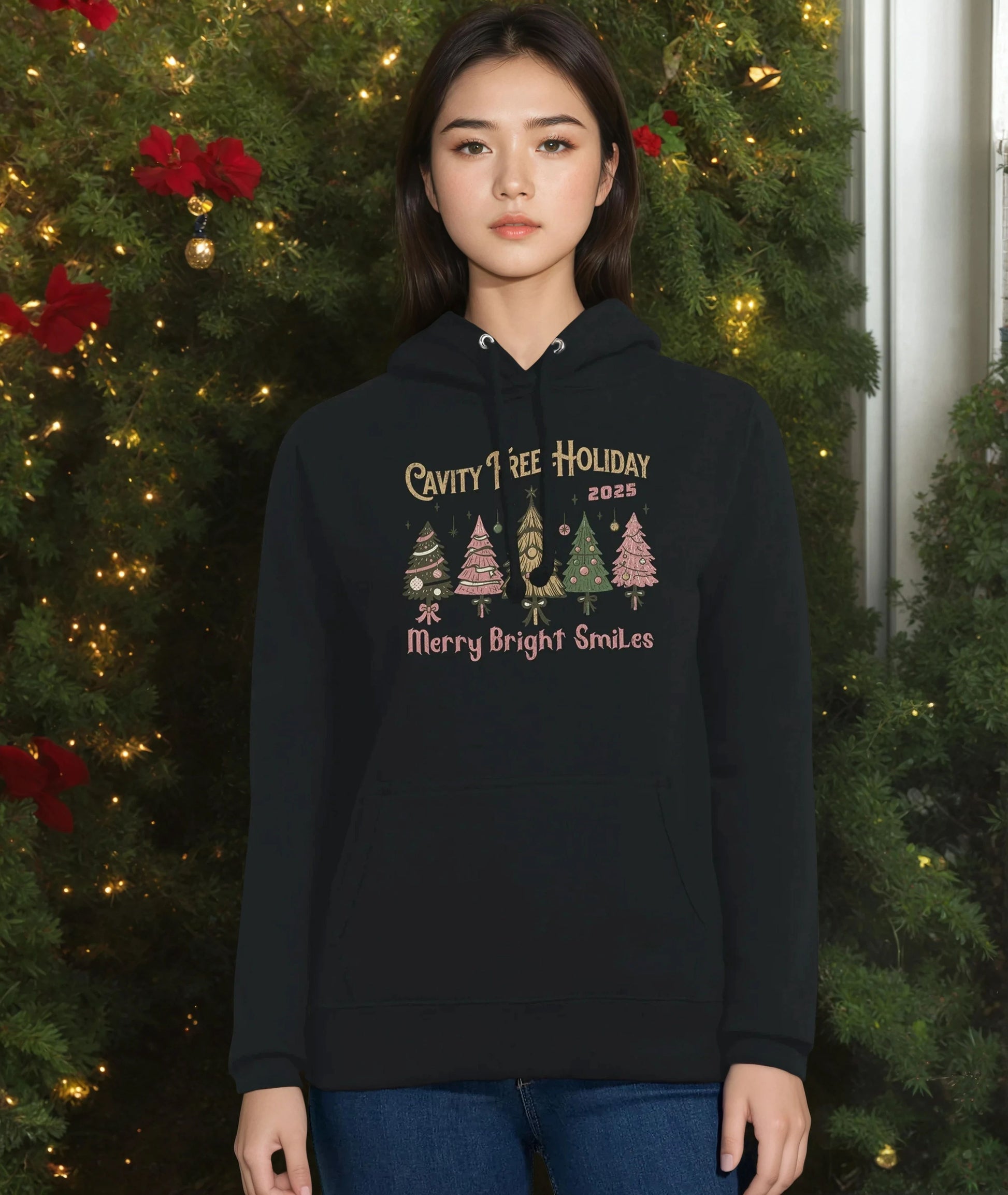 Person wearing a black hoodie with Christmas-themed design in front of a decorated Christmas tree.