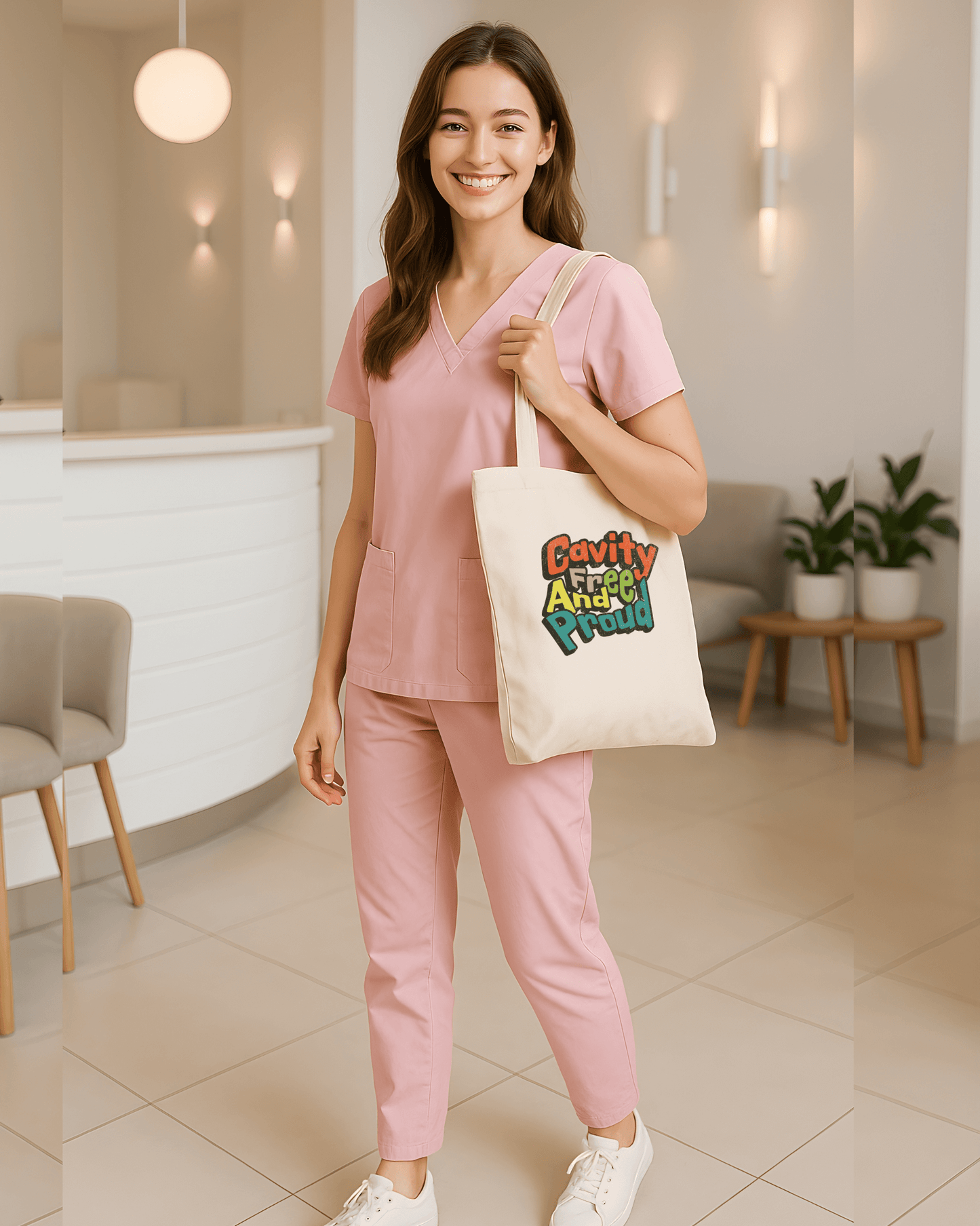 Smiling woman in pink scrubs holding a Cavity Free And Proud personalized tote bag in a modern dental office.