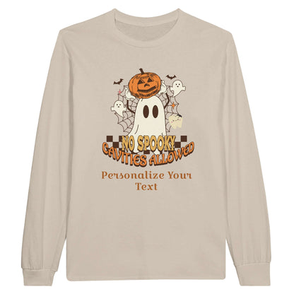 Classic Unisex Longsleeve T-Shirt with personalized Halloween dental design featuring ghosts and a pumpkin.
