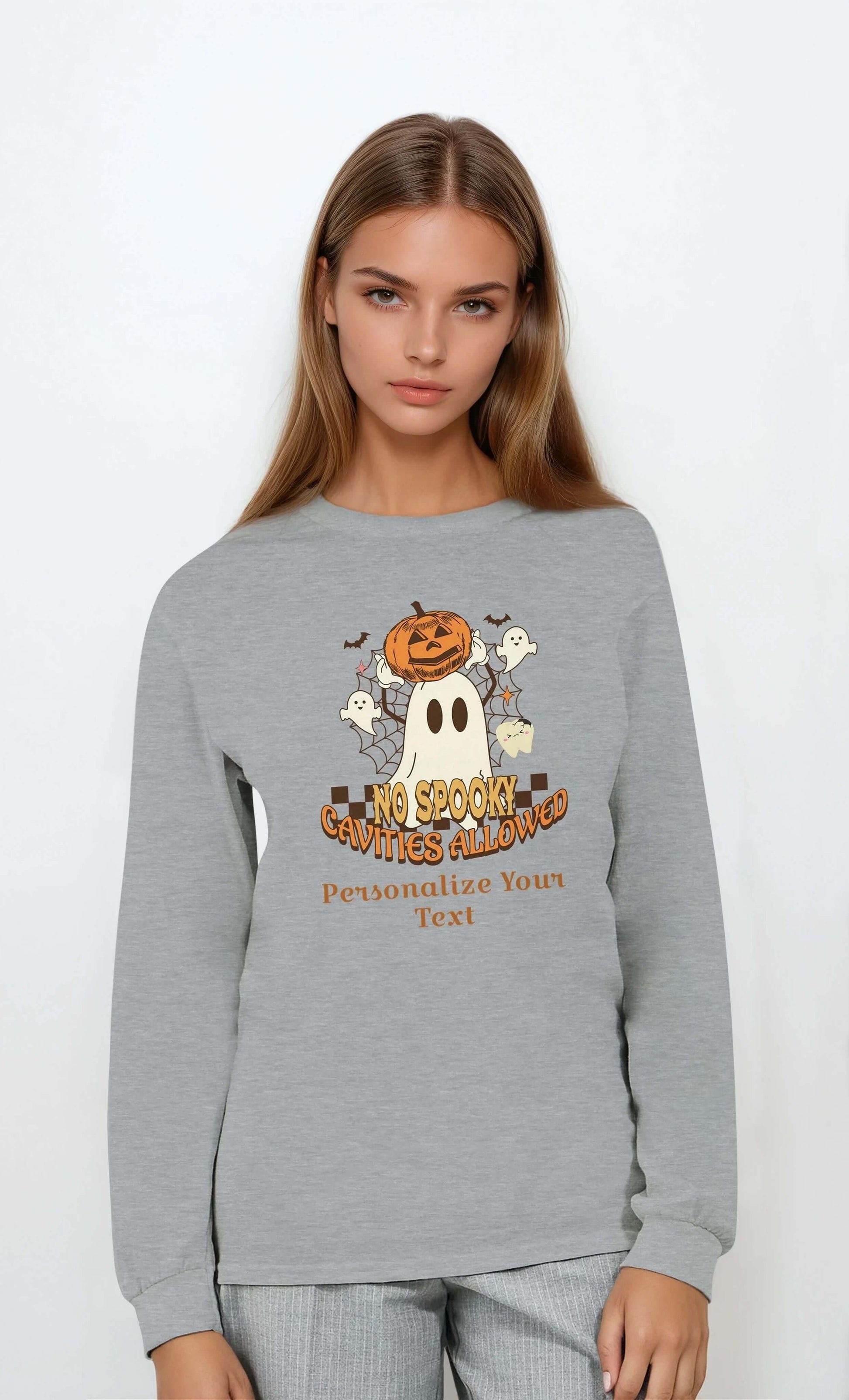 Classic Unisex Longsleeve T-Shirt with Personalized Halloween Dental Design.