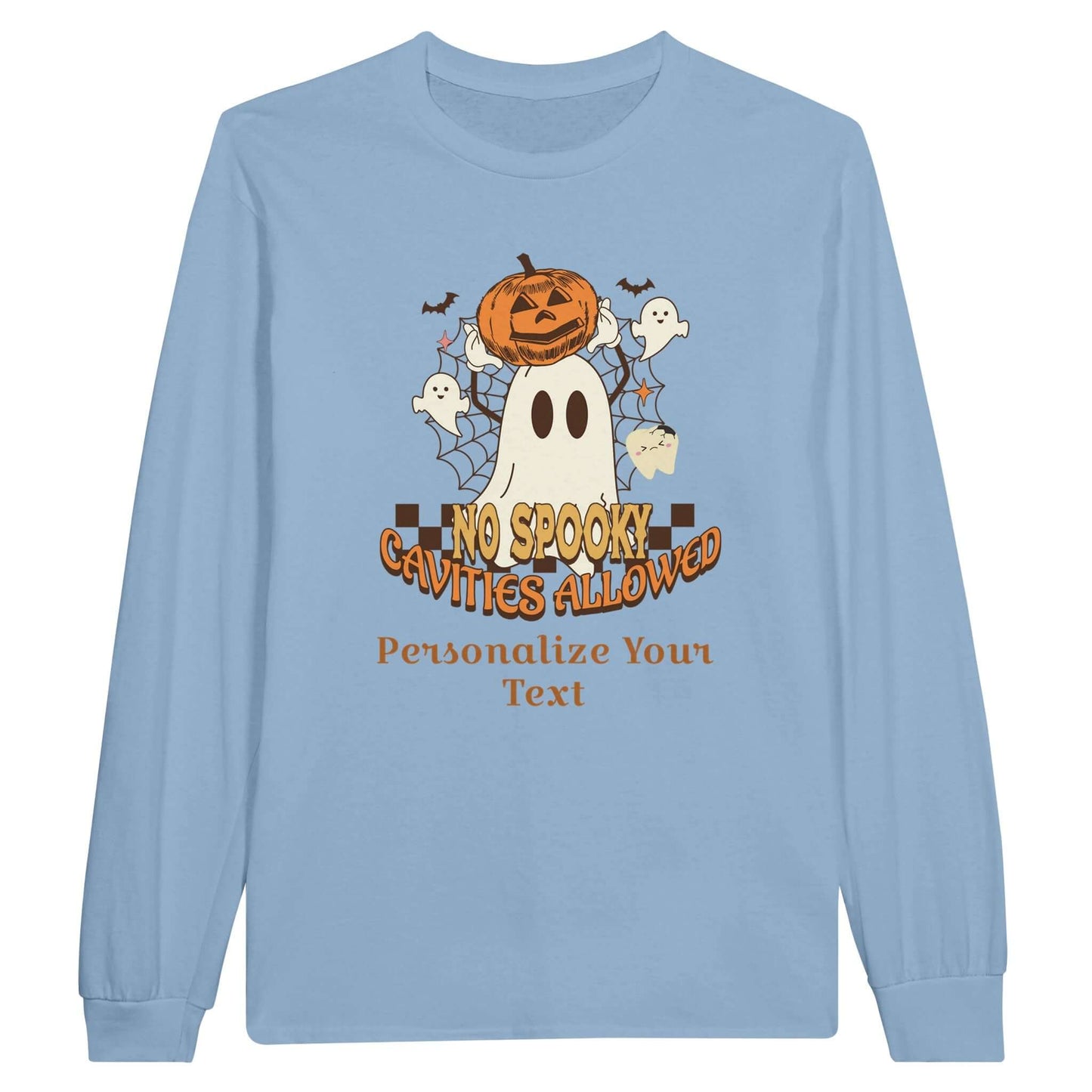 Classic Unisex Longsleeve T-Shirt with Personalized Halloween Dental Design featuring ghost and pumpkin graphics.