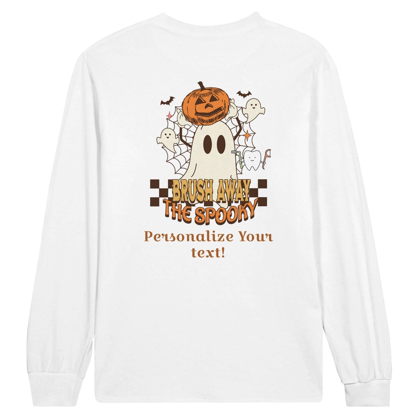 Classic Unisex Longsleeve T-Shirt with Personalized Halloween Dental Design featuring a ghost and pumpkins.