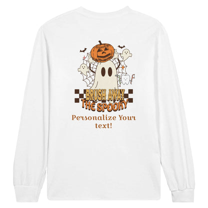 Classic Unisex Longsleeve T-Shirt with Personalized Halloween Dental Design featuring a ghost and pumpkins.
