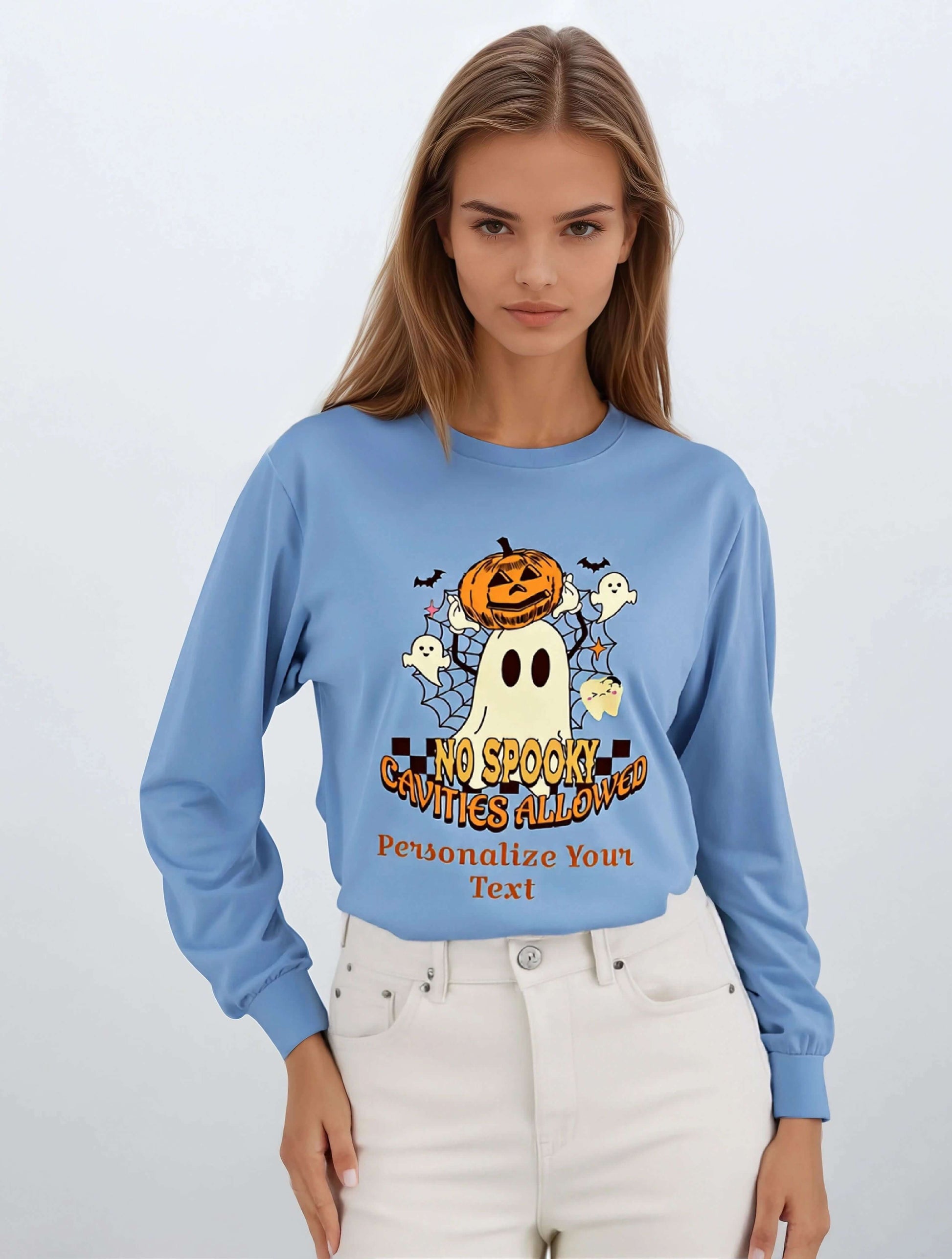Classic Unisex Longsleeve T-Shirt with Personalized Halloween Dental Design, featuring a playful ghost and pumpkin graphic.