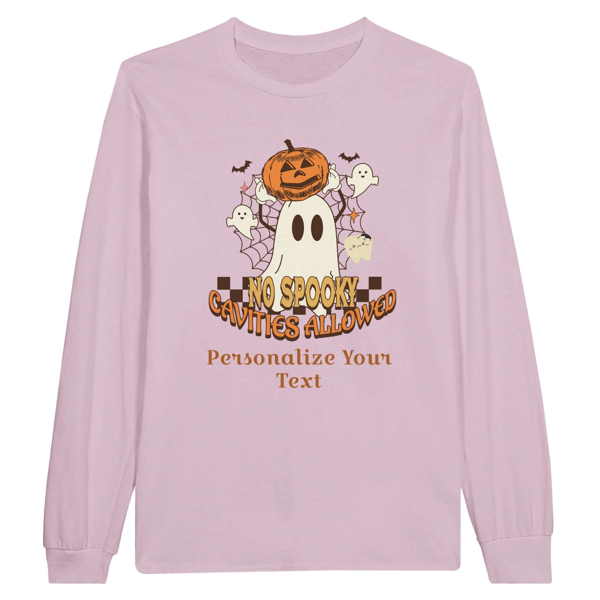 Classic Unisex Longsleeve T-Shirt with Halloween dental design, featuring a ghost and pumpkin graphics.