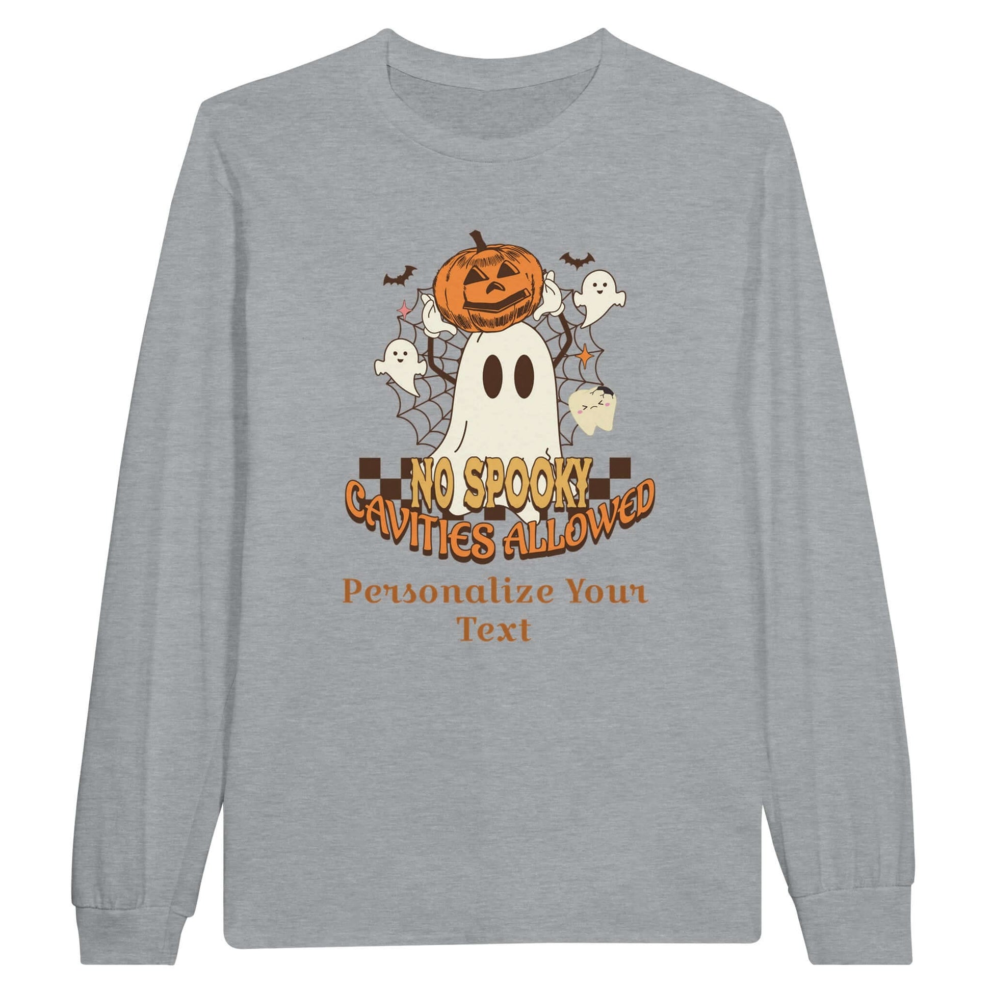 Classic Unisex Longsleeve T-Shirt featuring a playful Halloween dental design with a ghost and pumpkins.