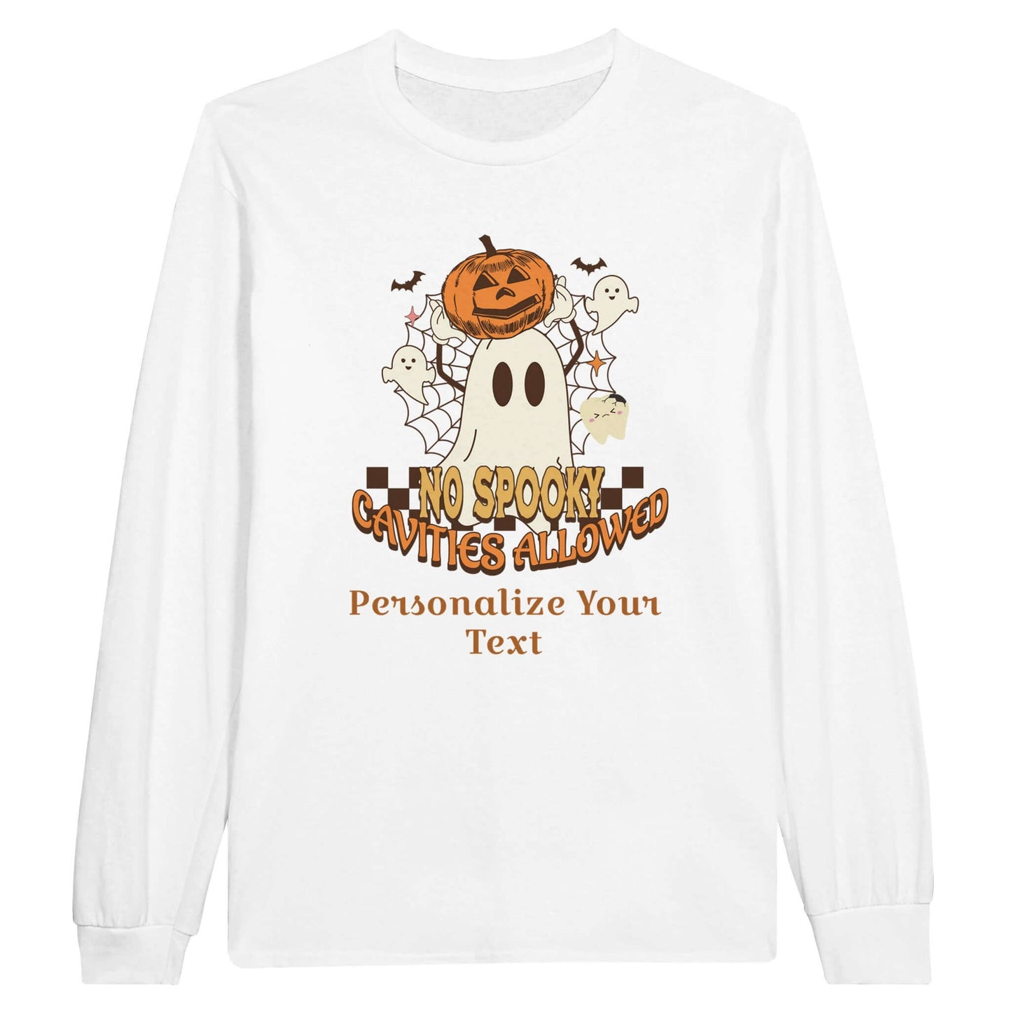 Classic Unisex Longsleeve T-Shirt with Personalized Halloween Dental Design featuring a ghost and pumpkins.