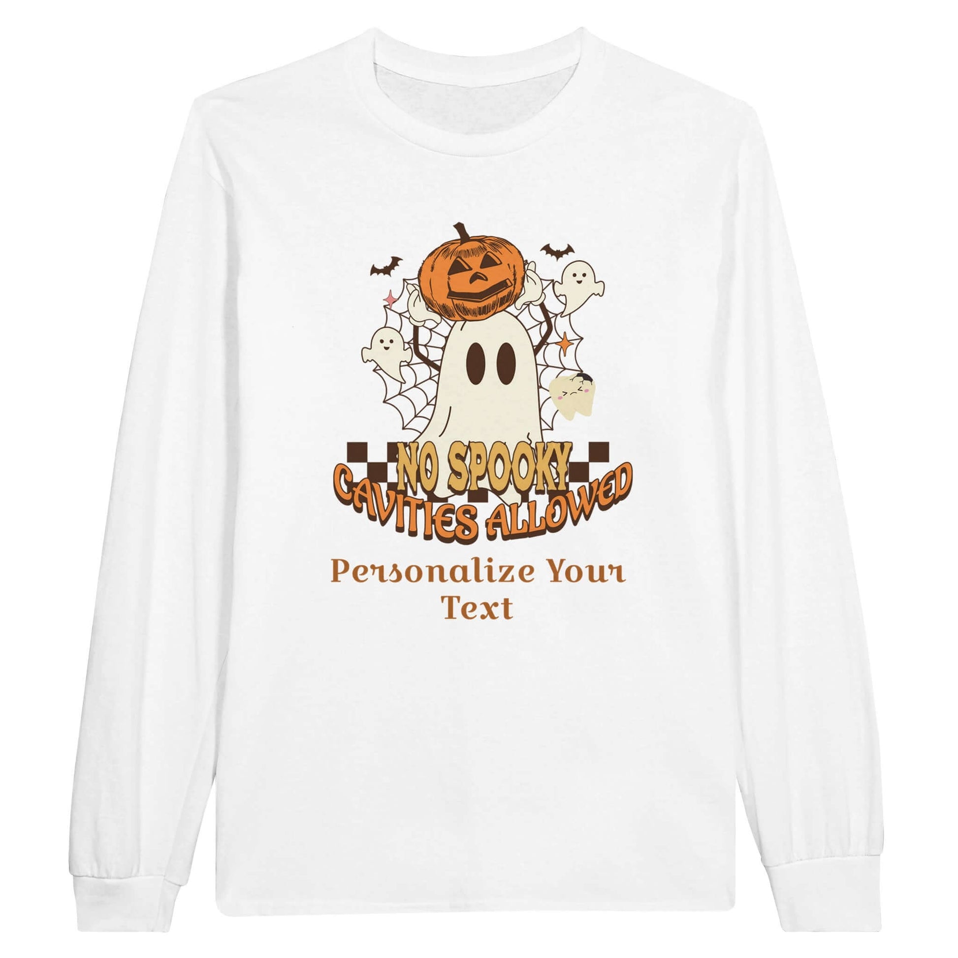 Classic Unisex Longsleeve T-Shirt with Personalized Halloween Dental Design featuring a ghost and pumpkins.