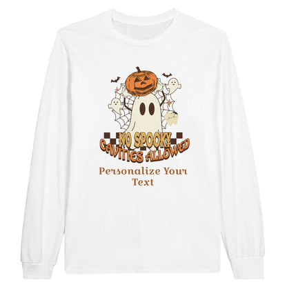 Classic Unisex Longsleeve T-Shirt with Personalized Halloween Dental Design featuring a ghost and pumpkins.