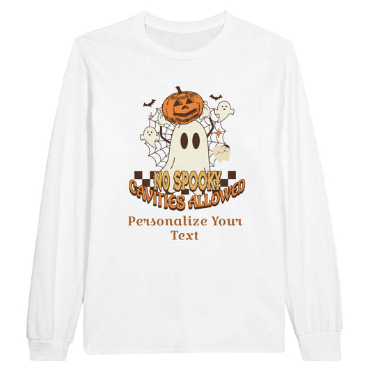 Classic Unisex Longsleeve T-Shirt with Personalized Halloween Dental Design featuring a ghost and pumpkins.