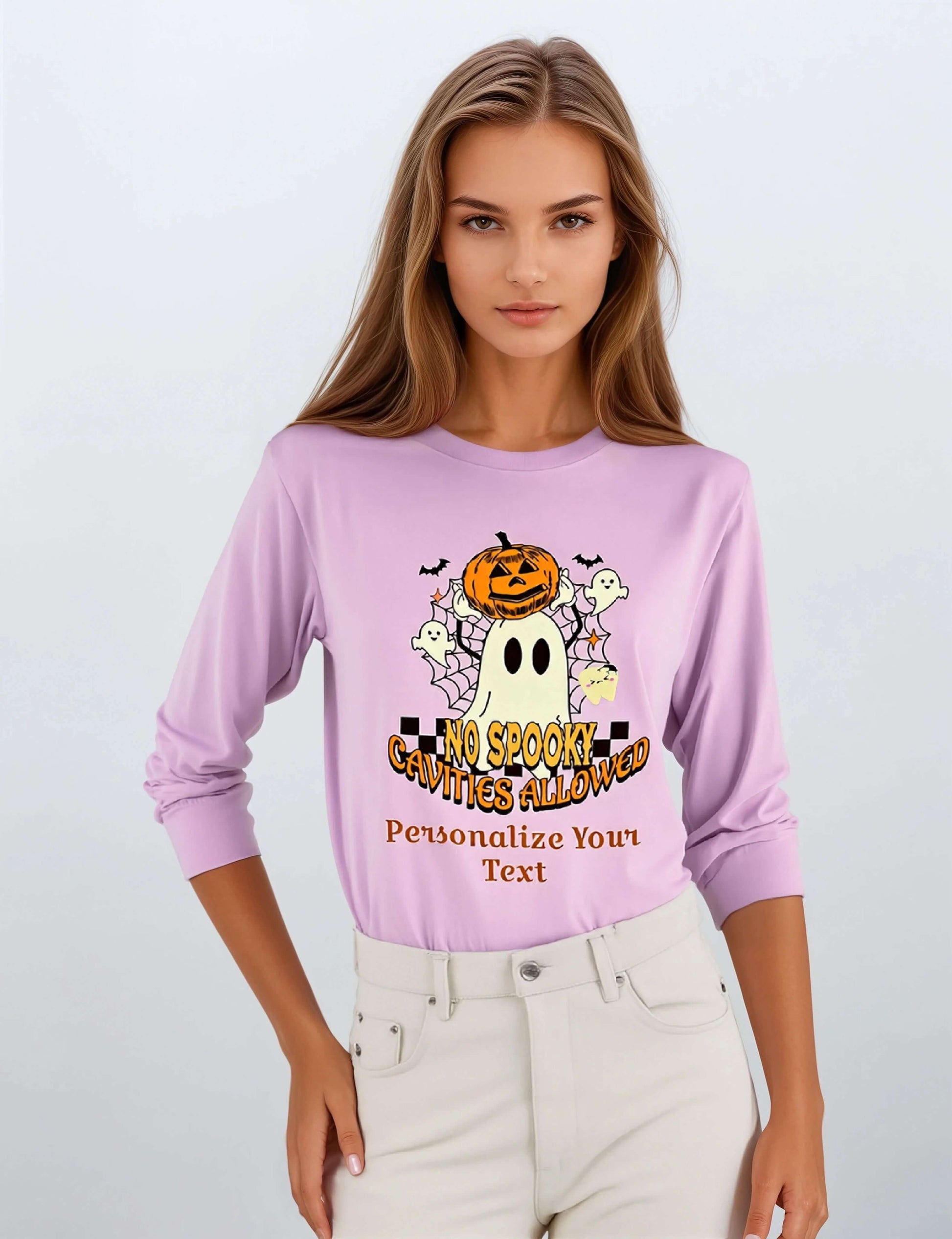 Classic Unisex Longsleeve T-Shirt with Personalized Halloween Dental Design featuring spooky graphics and a fun vibe.