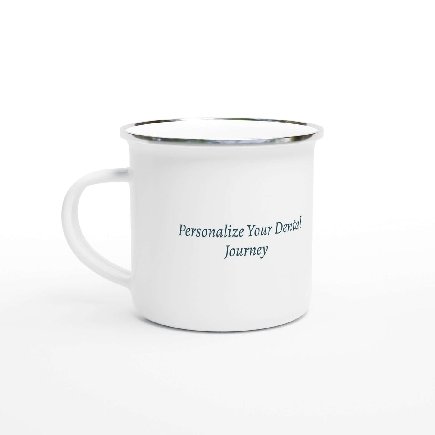 Destined For Dentistry personalized white 12oz enamel mug with silver rim, perfect for dental enthusiasts.