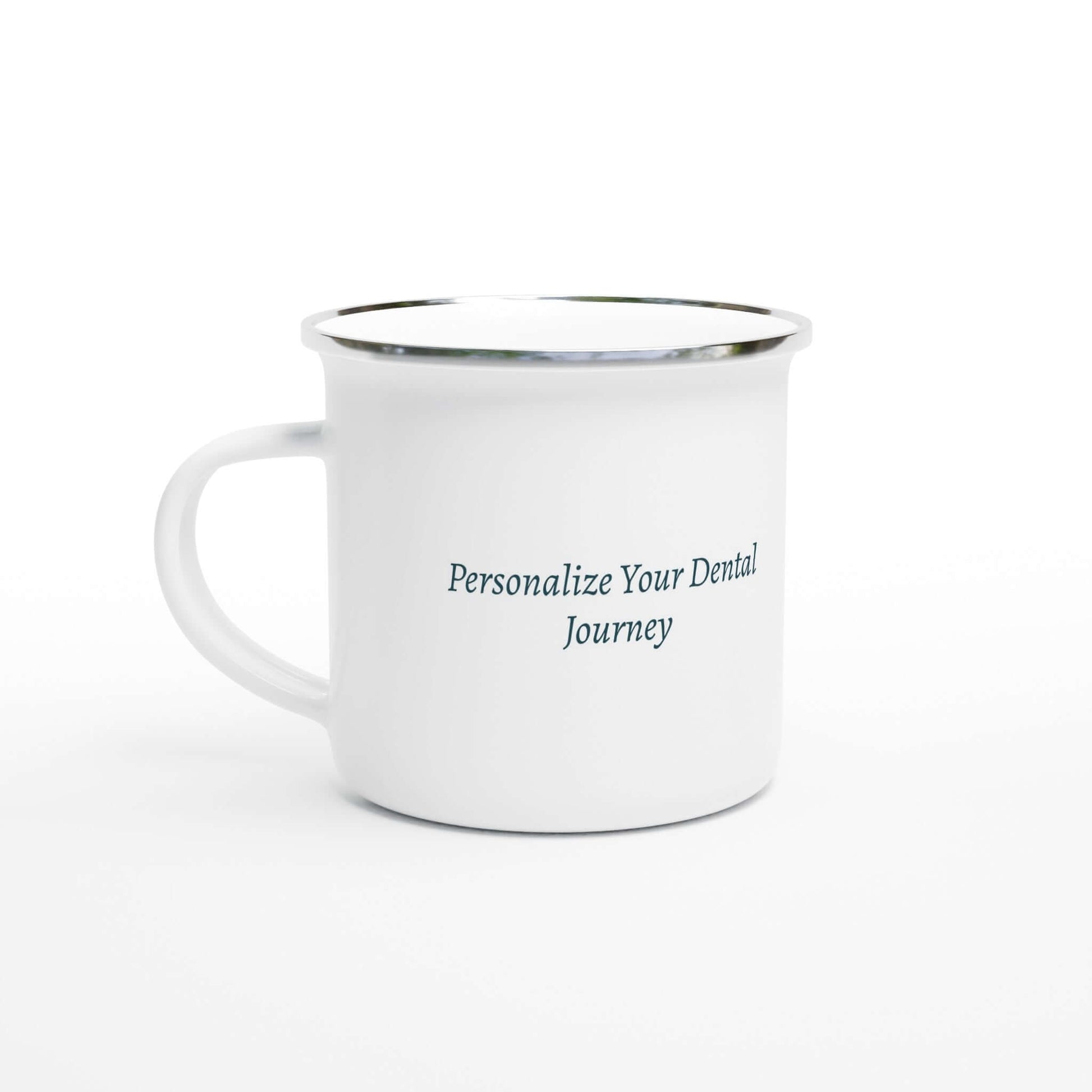 Destined For Dentistry personalized white 12oz enamel mug with silver rim, perfect for dental enthusiasts.