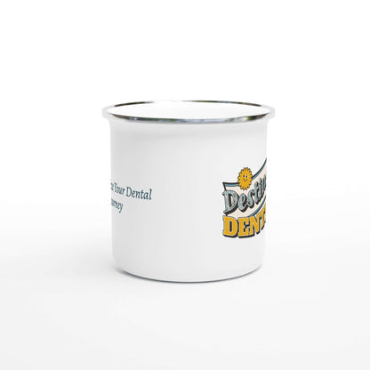 Destined For Dentistry personalized 12oz white enamel mug with silver rim, ideal for dental professionals and students.