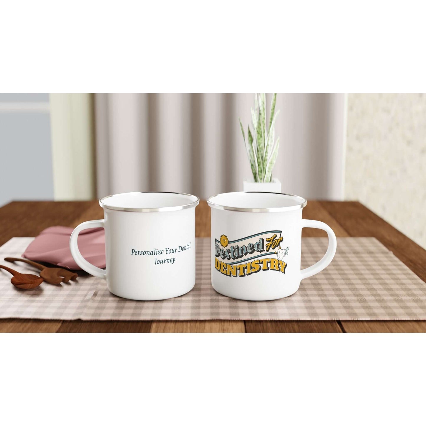 Destined For Dentistry personalized white 12oz enamel mug displayed on a table with stylish design and silver rim.