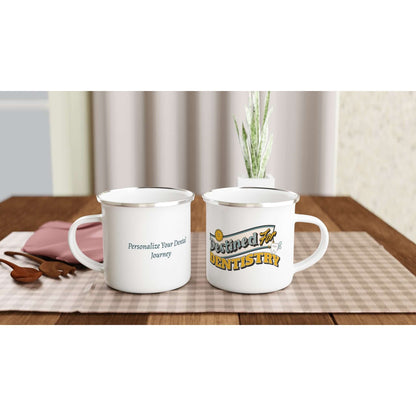 Destined For Dentistry personalized white 12oz enamel mug displayed on a table with stylish design and silver rim.