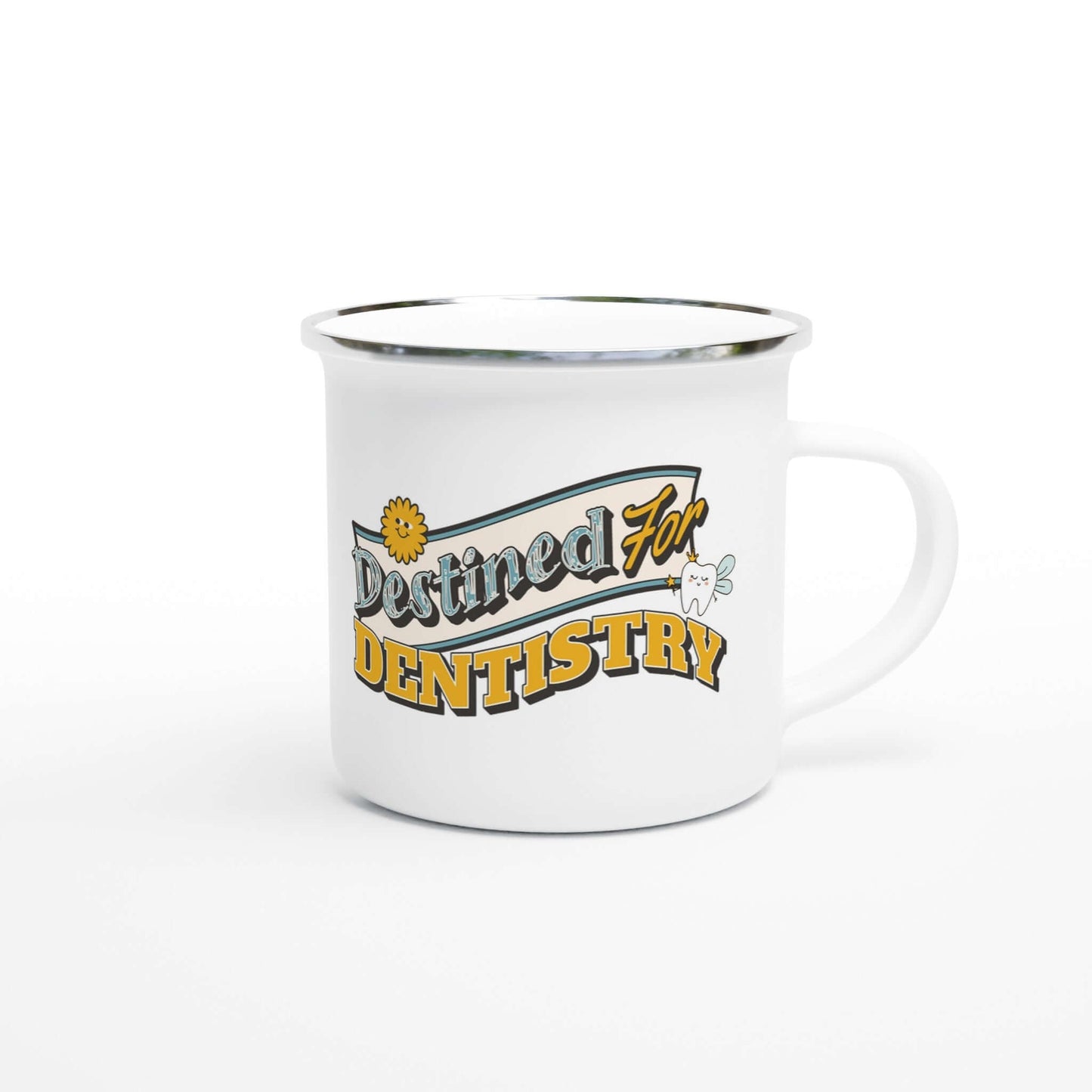 Destined For Dentistry personalized white 12oz enamel mug with silver rim, featuring fun dental-themed design.