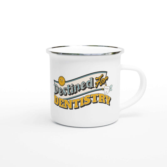 Destined For Dentistry personalized white 12oz enamel mug with silver rim, featuring fun dental-themed design.