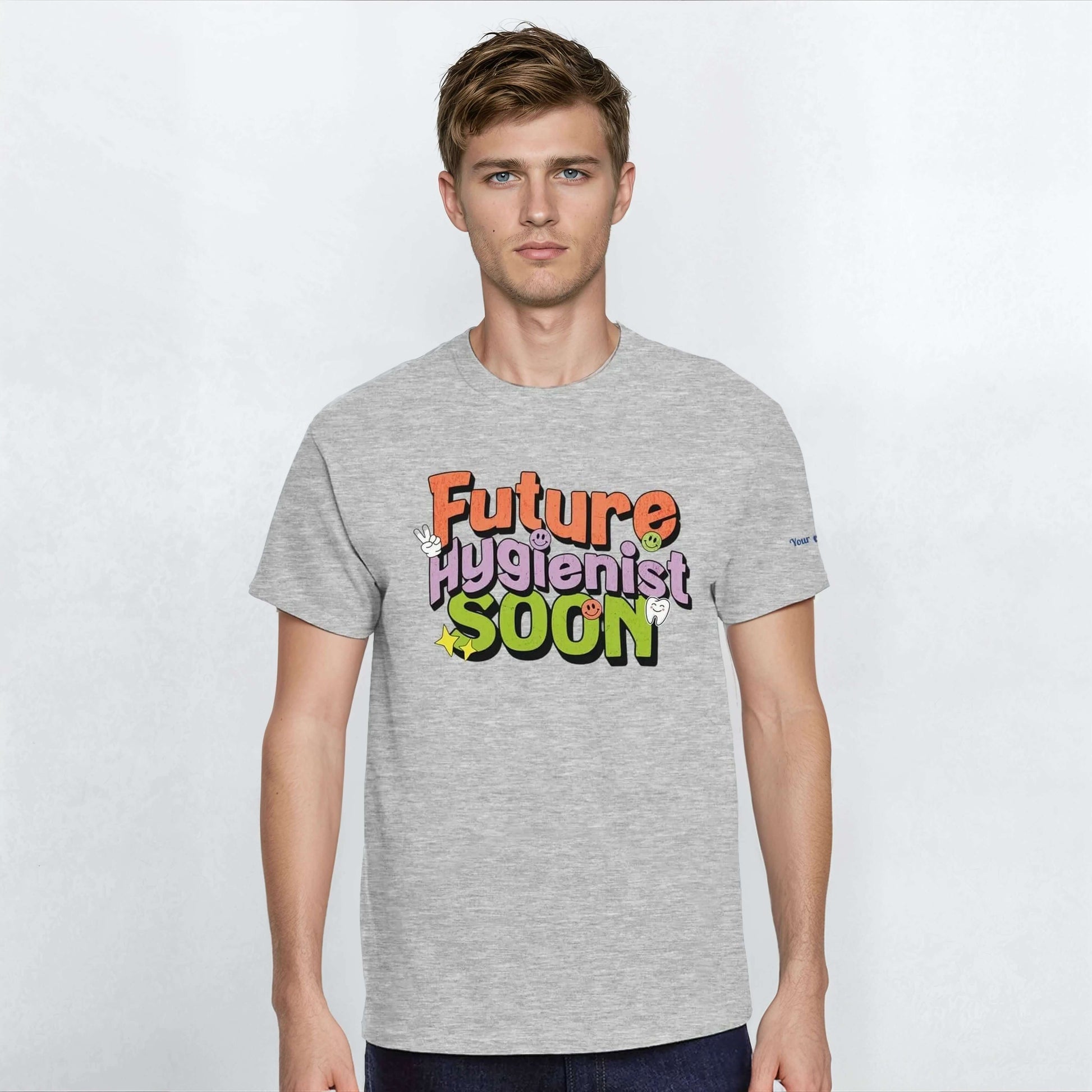 Future Hygienist Soon - Personalized Heavyweight Unisex Crewneck T-Shirt displayed by a man, featuring vibrant graphic text.