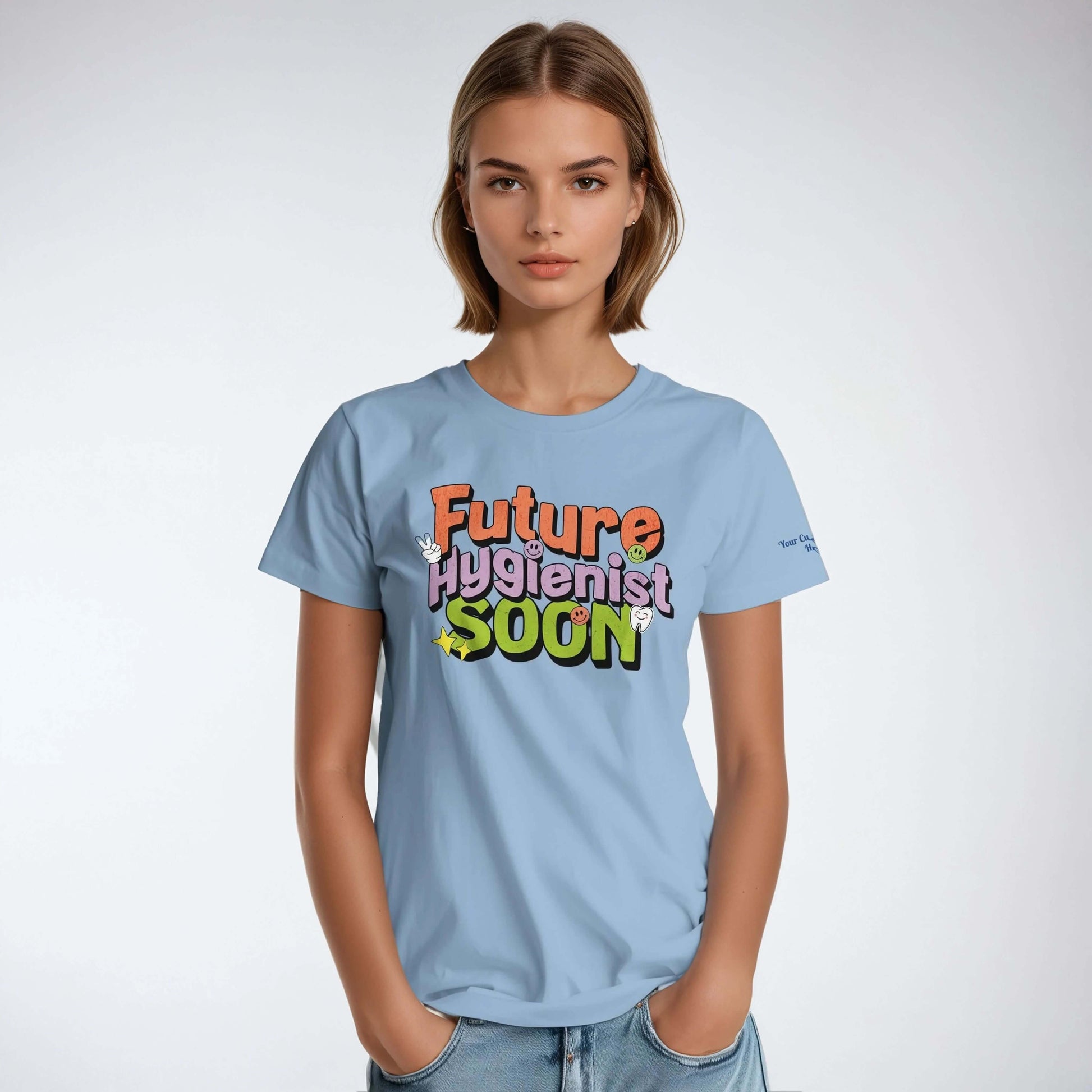 Future Hygienist Soon personalized heavyweight unisex crewneck t-shirt in light blue, showcasing dental aspirations.