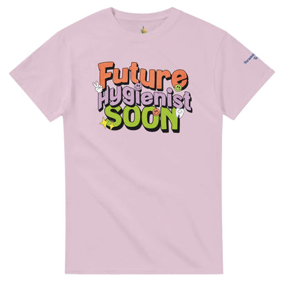 Future Hygienist Soon Personalized Heavyweight Unisex Crewneck T-Shirt in pink with colorful lettering.