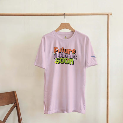 Future Hygienist Soon personalized heavyweight unisex crewneck t-shirt hanging on display.
