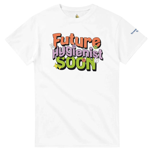 Future Hygienist Soon personalized heavyweight unisex crewneck T-shirt in white with colorful text design.