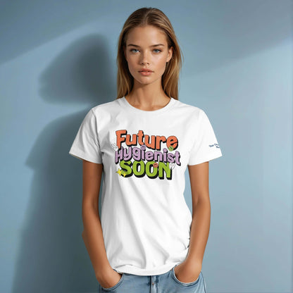Future Hygienist Soon personalized heavyweight unisex crewneck T-shirt model wearing it against a light blue background.