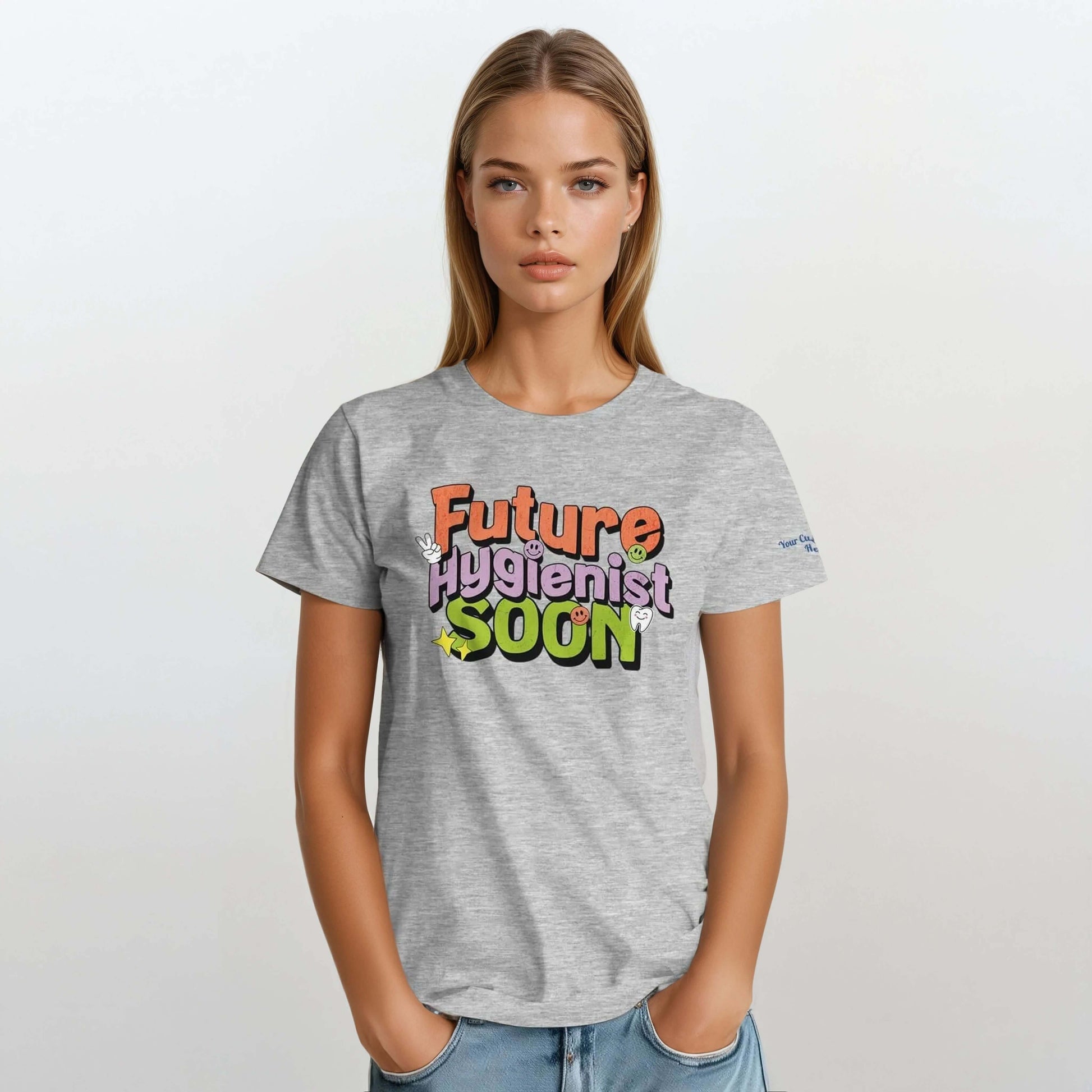 Future Hygienist Soon - Personalized Heavyweight Unisex Crewneck T-Shirt displayed by model in gray.