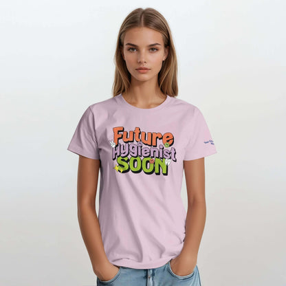 Future Hygienist Soon personalized heavyweight unisex crewneck t-shirt in pink worn by a model.