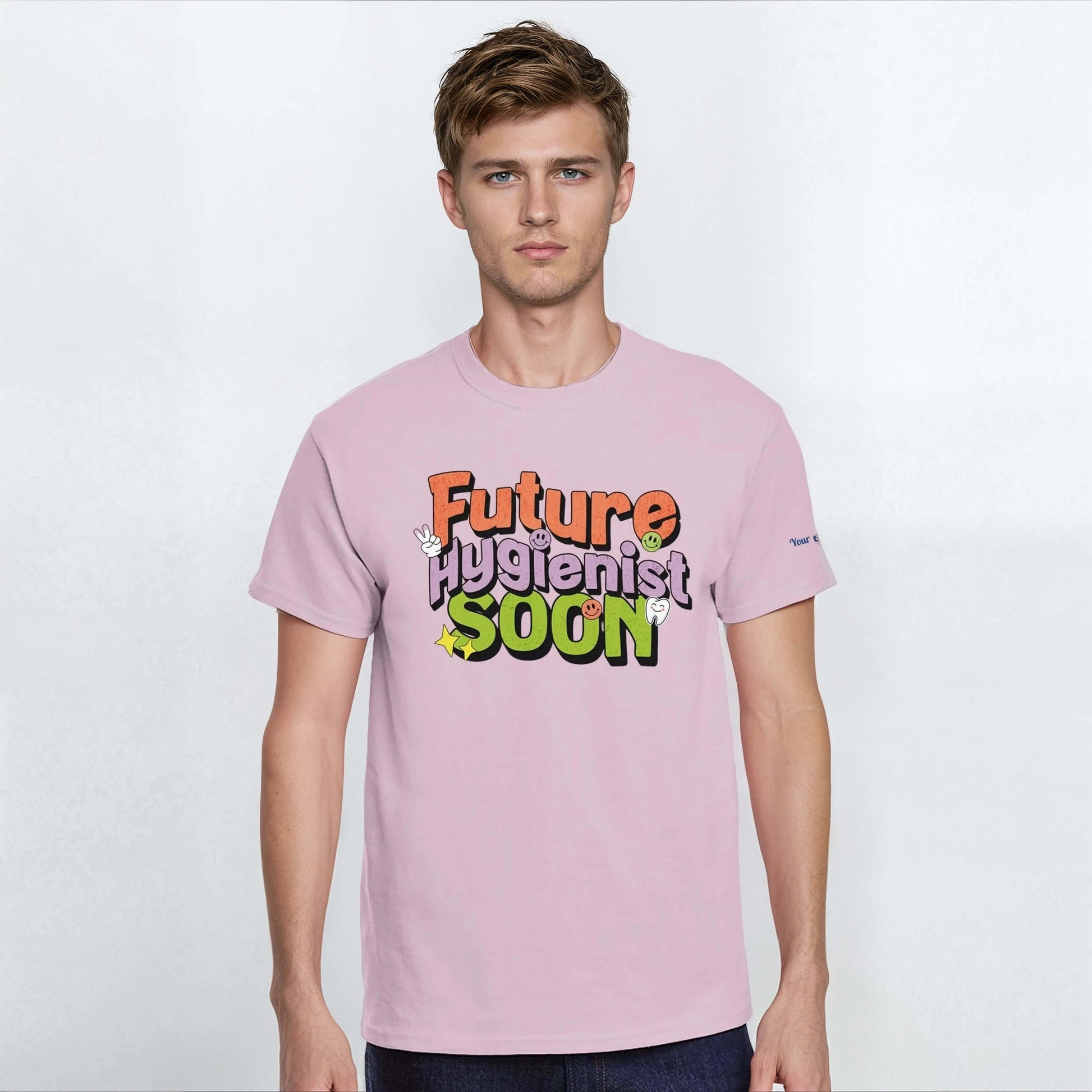 Future Hygienist Soon personalized heavyweight unisex crewneck t-shirt in pink, showcasing dental aspirations.