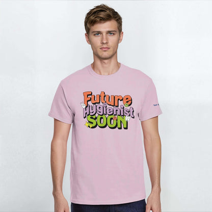 Future Hygienist Soon personalized heavyweight unisex crewneck t-shirt in pink, showcasing dental aspirations.