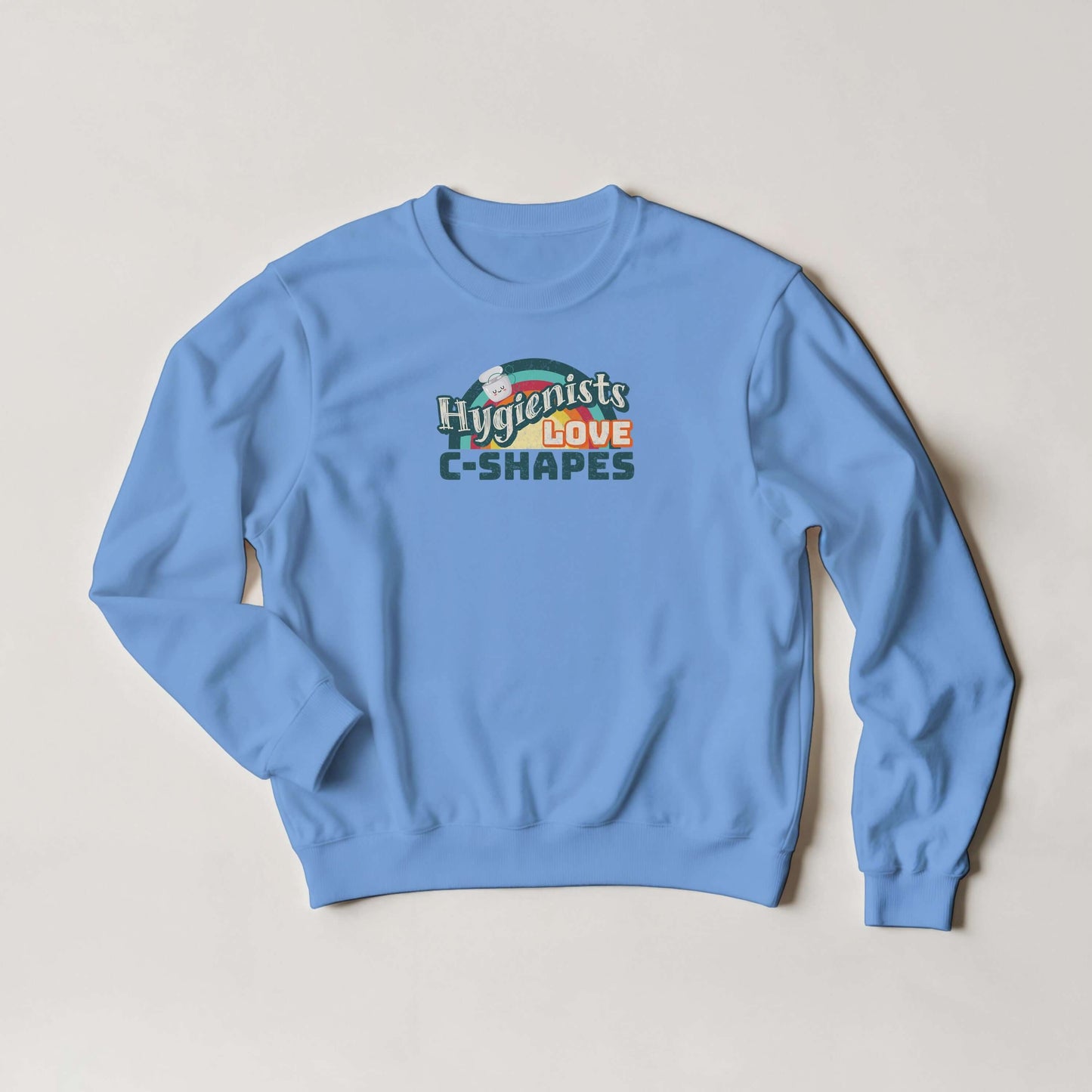 Hygienists LOVE C-Shapes personalized crewneck sweatshirt in blue, featuring playful graphic on front.