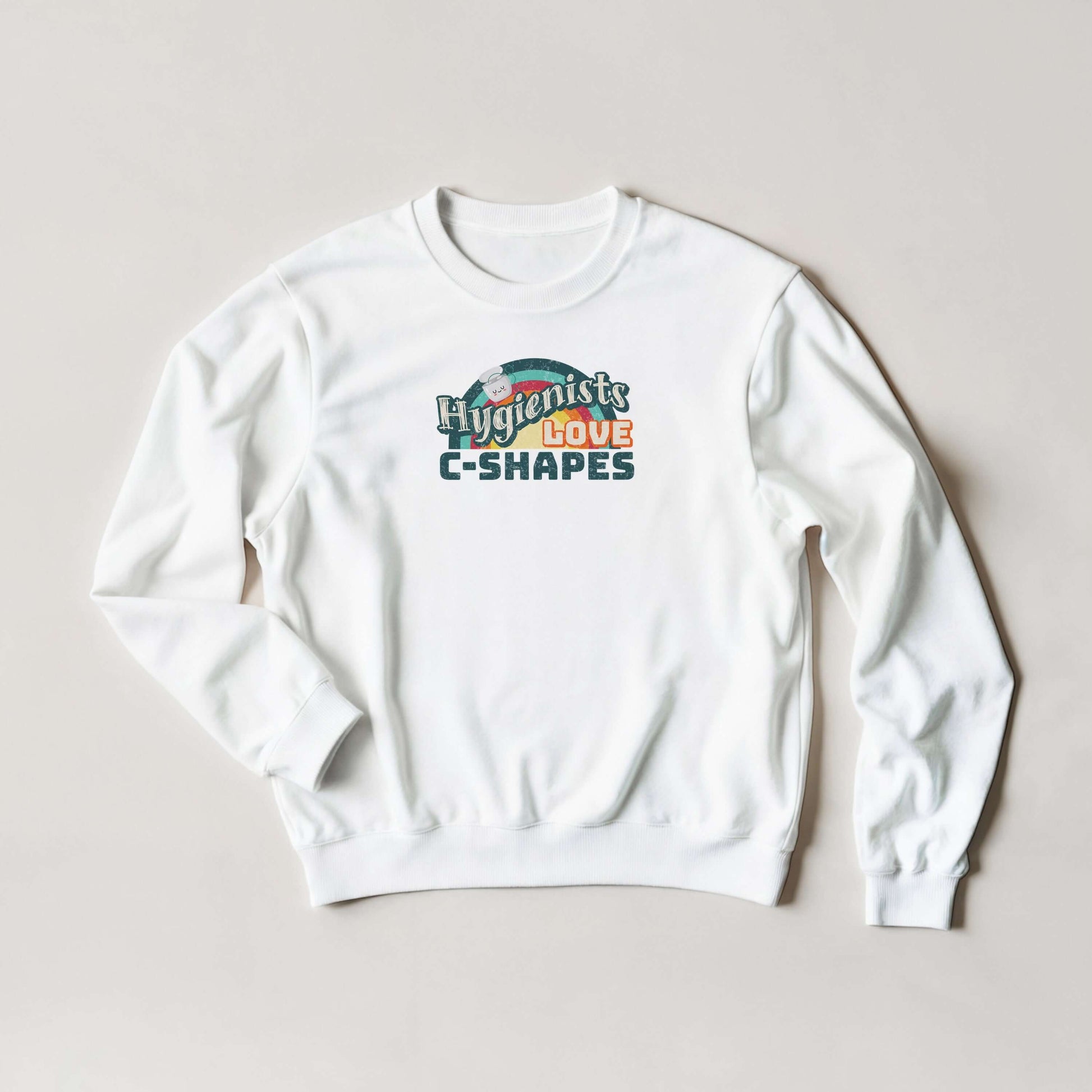 Hygienists LOVE C-Shapes graphic on a personalized white unisex crewneck sweatshirt by Gildan®.