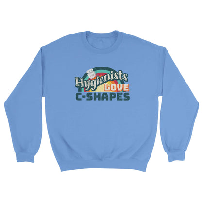 Hygienists LOVE C-Shapes personalized crewneck sweatshirt in light blue, featuring playful graphic design.