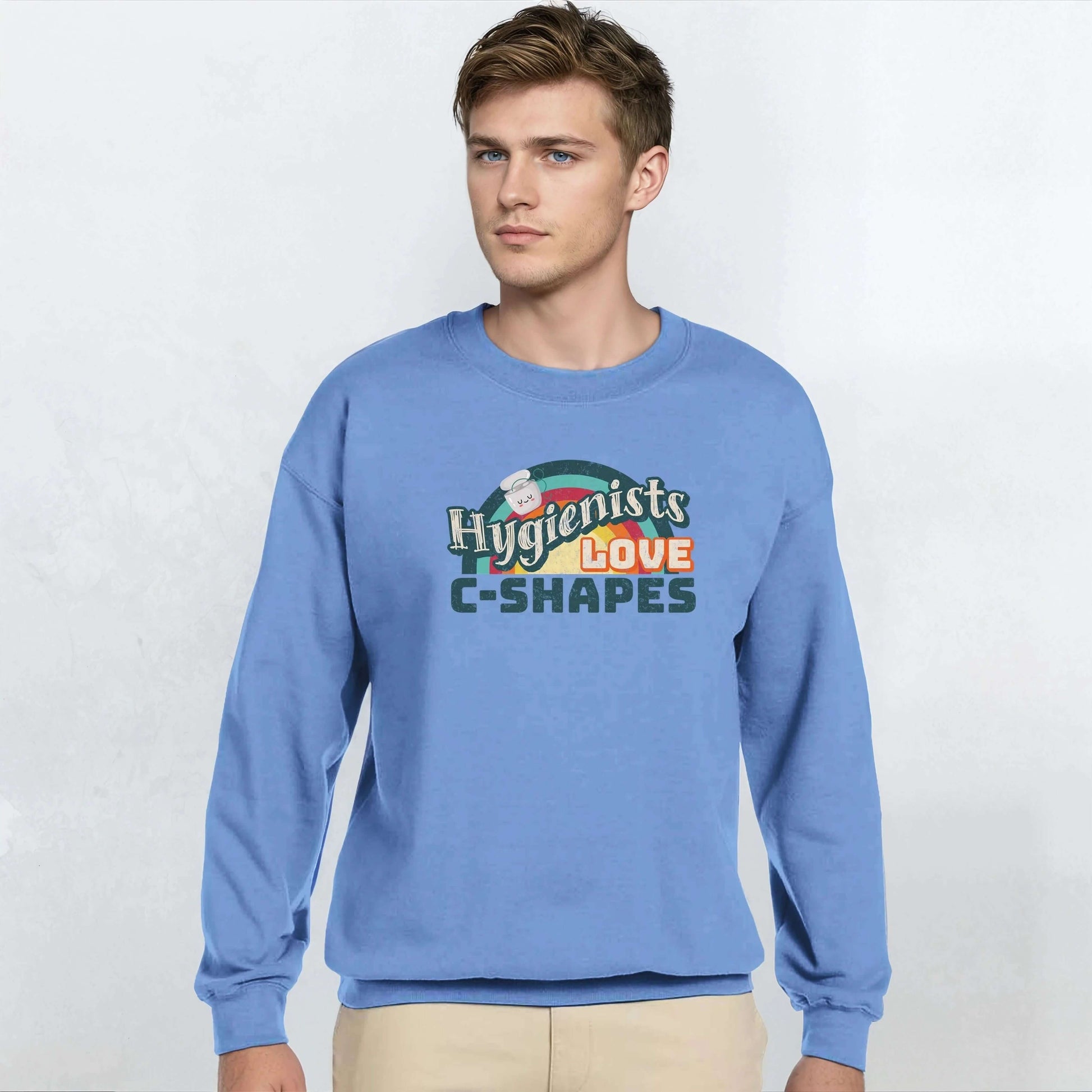 Hygienists LOVE C-Shapes personalized crewneck sweatshirt in blue, featuring stylish graphic design.