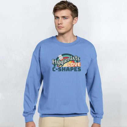 Hygienists LOVE C-Shapes personalized crewneck sweatshirt in blue, featuring stylish graphic design.