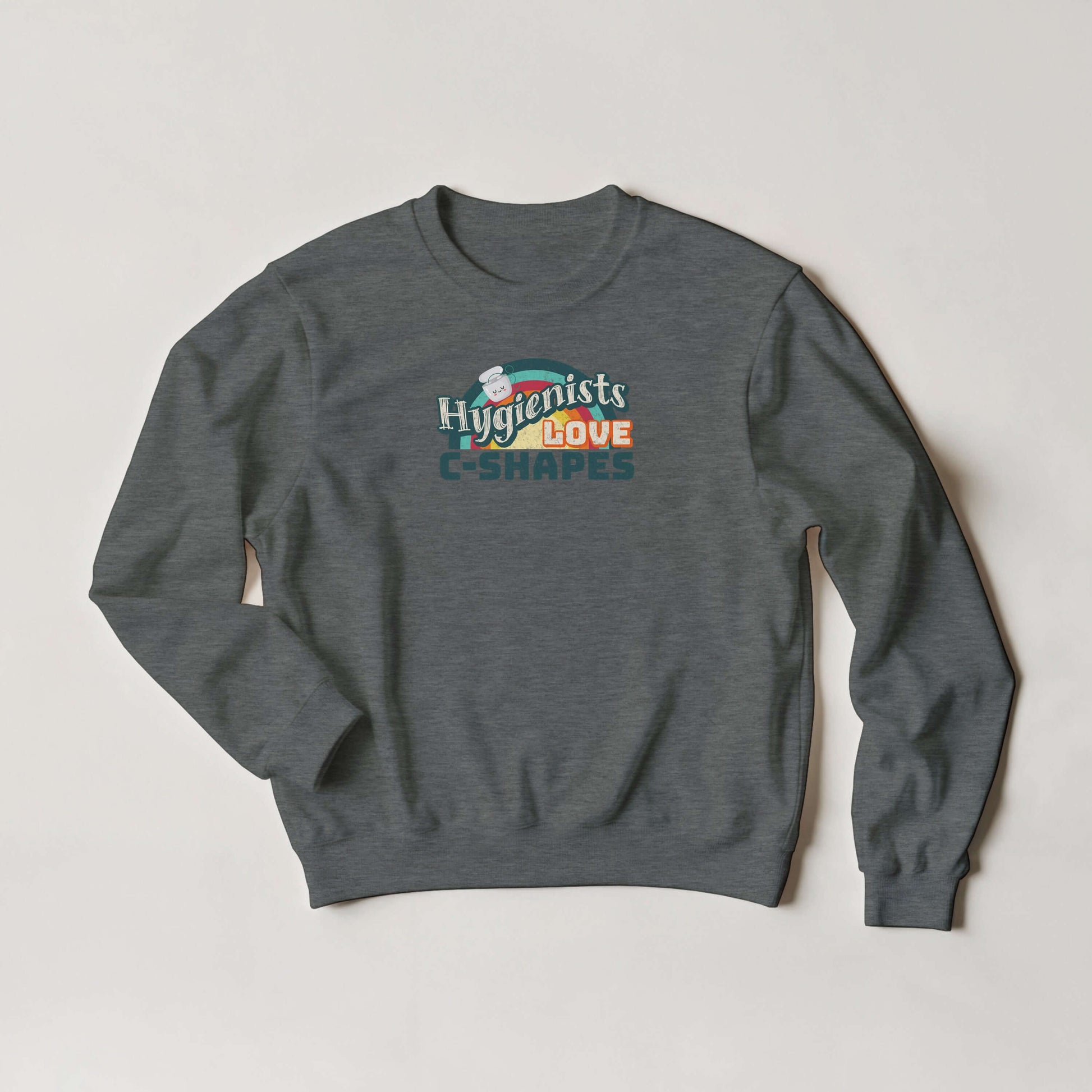 Hygienists LOVE C-Shapes personalized crewneck sweatshirt in dark gray, featuring playful front graphic on Gildan® 18000.