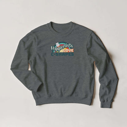 Hygienists LOVE C-Shapes personalized crewneck sweatshirt in dark gray, featuring playful front graphic on Gildan® 18000.