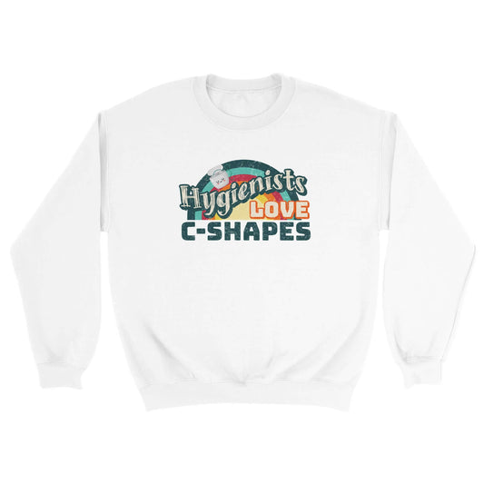 Hygienists LOVE C-Shapes graphic on personalized unisex crewneck sweatshirt by Gildan® 18000, cozy and durable.