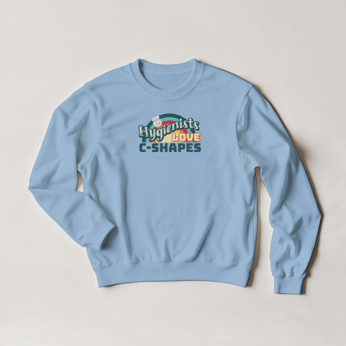 Hygienists LOVE C-Shapes personalized crewneck sweatshirt in light blue, featuring a fun graphic design.