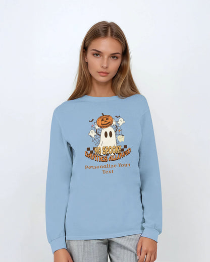 Light blue sweatshirt with Halloween design and text on a white background