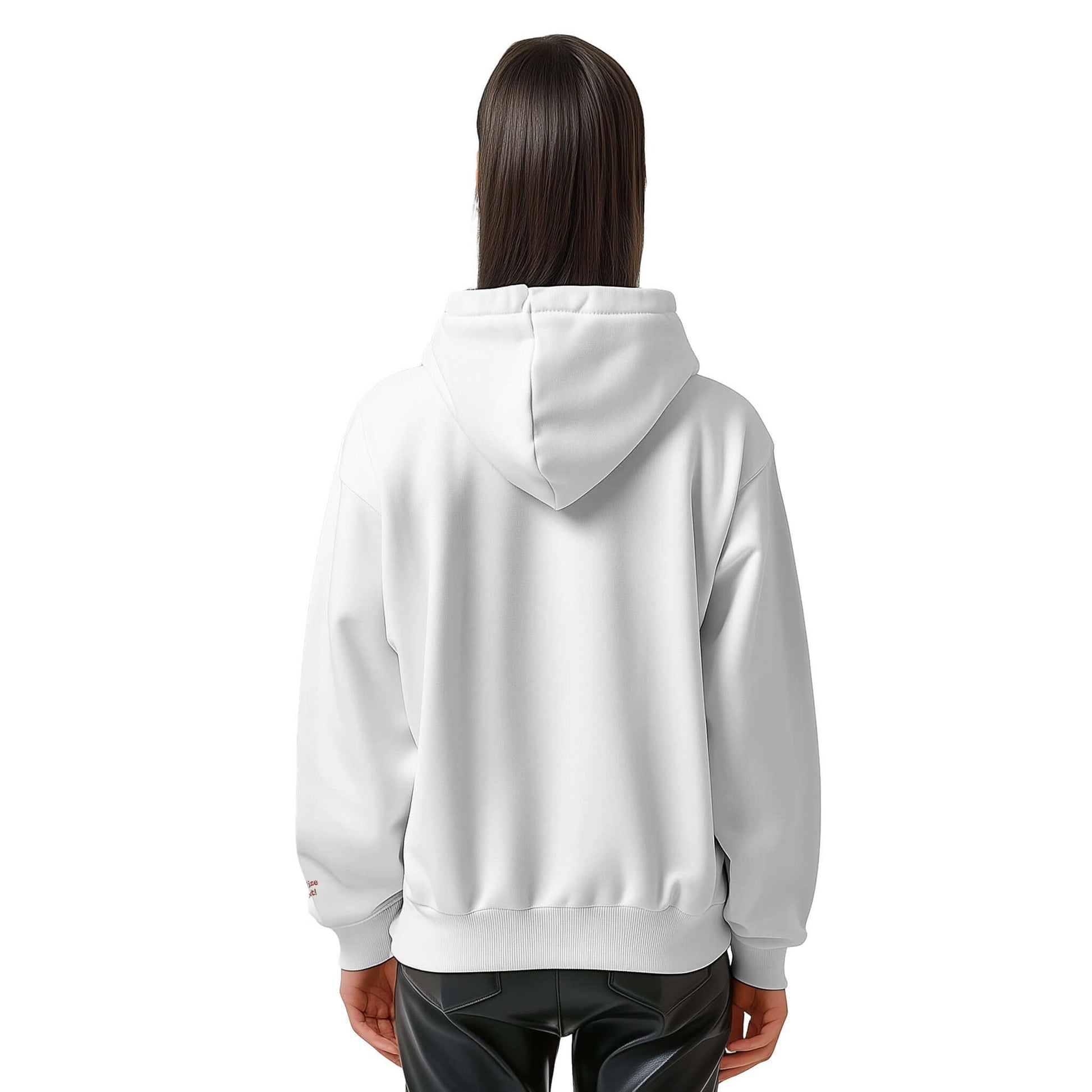 Back view of a white personalized classic unisex zip hoodie featuring sustainable materials and a cozy design.