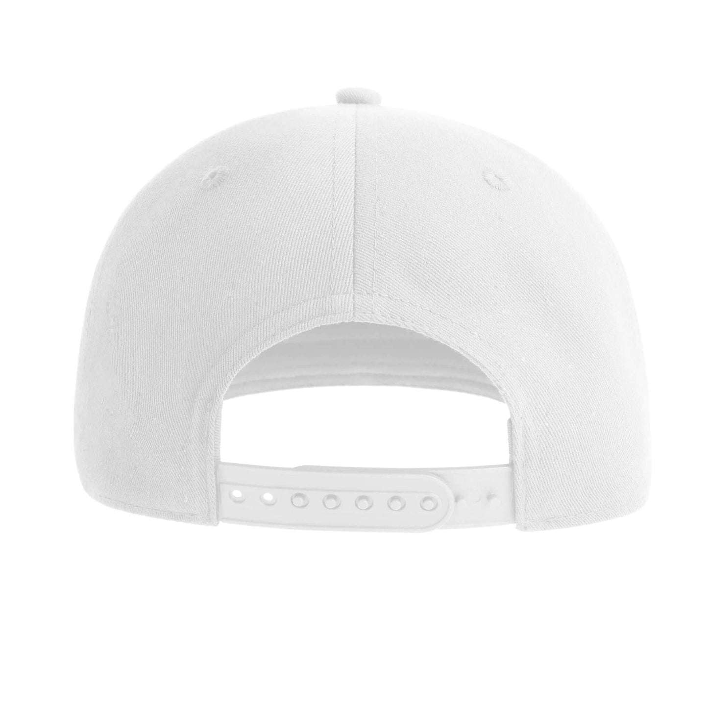 Back view of a white personalized flat bill cap with adjustable snap closure.