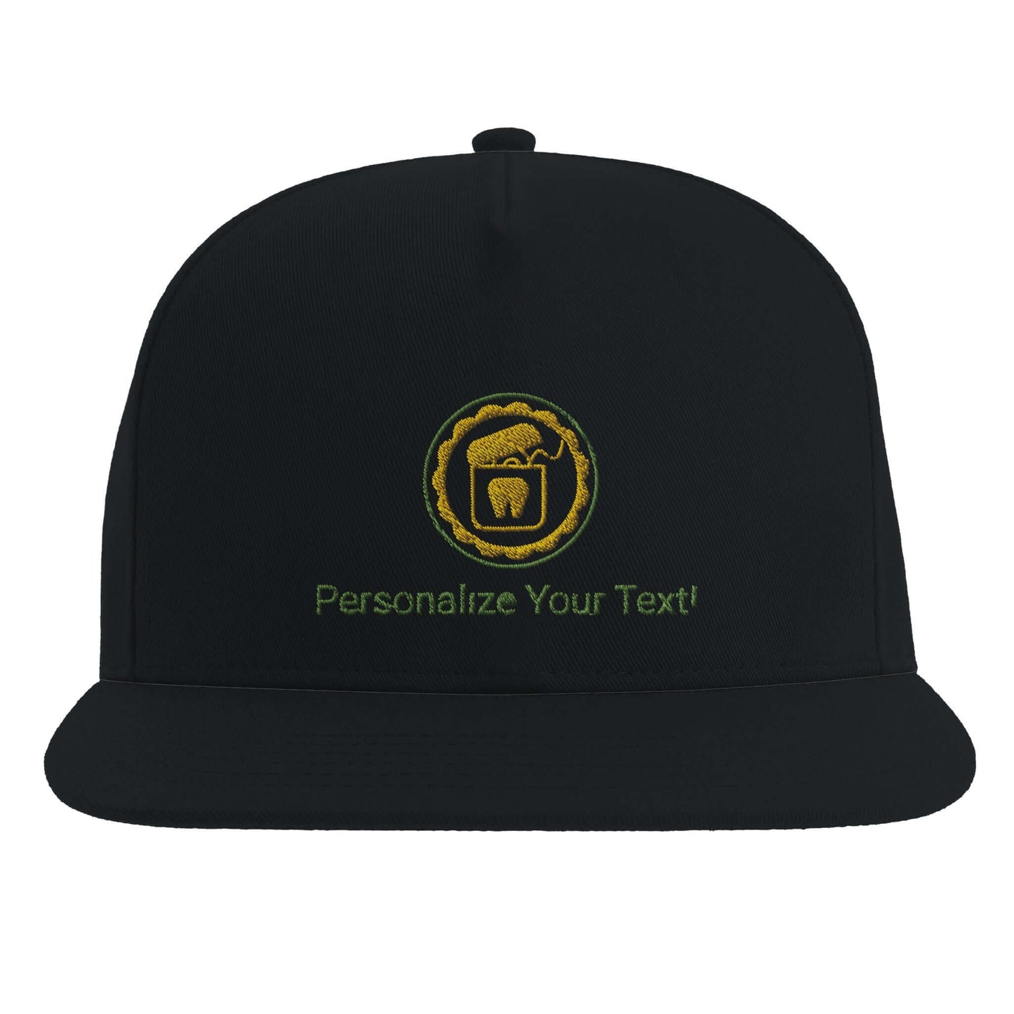 Personalized Flat Bill Cap - Floss Design with tooth logo and customizable text on a black cap.