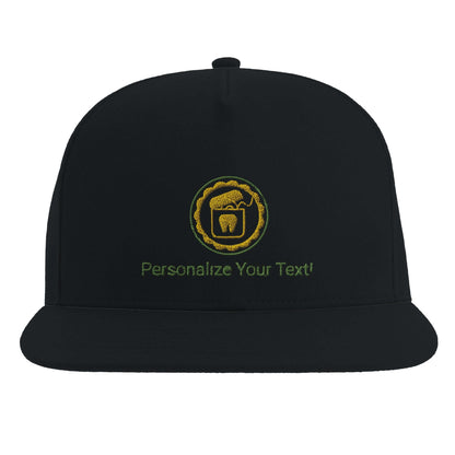 Personalized Flat Bill Cap - Floss Design with tooth logo and customizable text on a black cap.